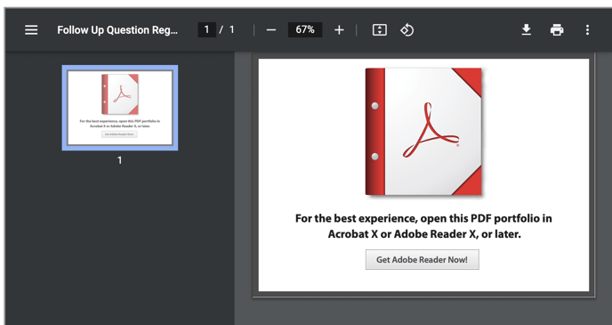 A PDF Portfolio example. The image suggests downloading the latest version of Adobe Acrobat Reader.