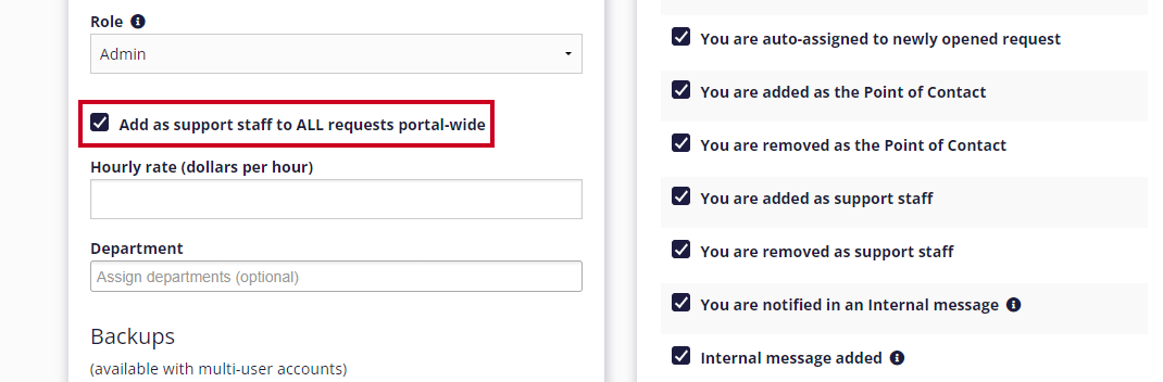 The option 'Add as support staff to ALL requests portal-wide' is enabled.