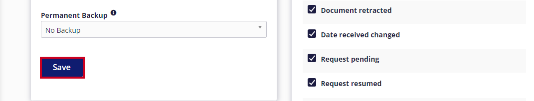 The rectangular, blue Save button is highlighted below the Permanent Backup drop-down menu.