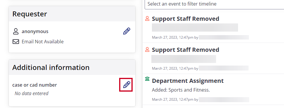 The edit button (a pencil) for the 'case or cad number' field is selected.