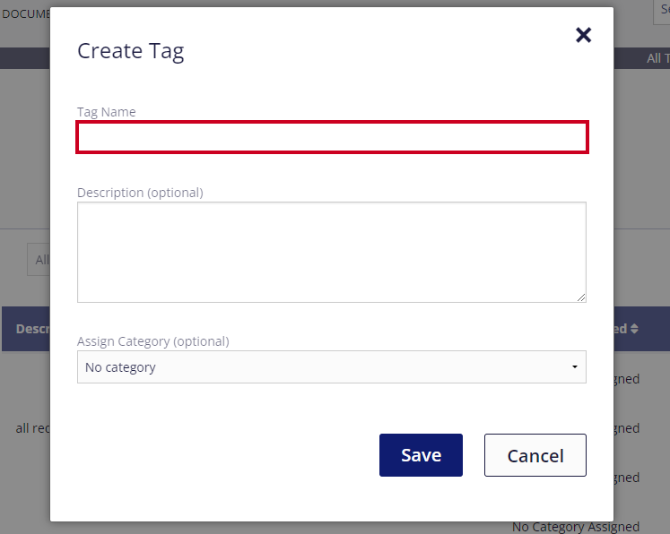 On the Create Tag pop-up window, the Tag Name field is selected.
