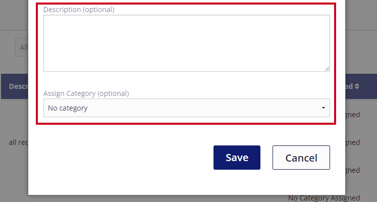 The optional Description and Assign Category fields are highlighted on the Create Tag pop-up window. No category is assigned.