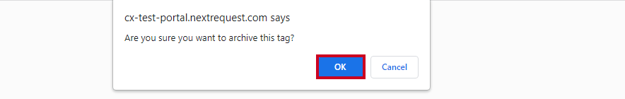 The blue, Okay button is higlighted on a pop-up message confirming the archive action.