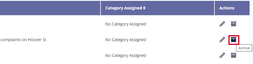 The Archive button, indicated by a filing cabinet, is highlighted in the table's Actions column.
