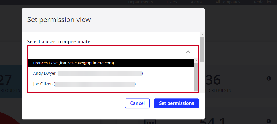 Select user to impersonate dropdown.