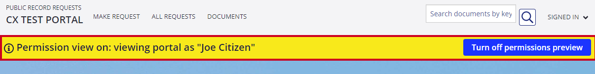 yellow bar at top of page that reads 'Permission view on: [user]'.