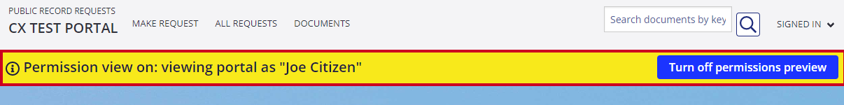 Yellow bar at top of the page that reads 'Permission view on: [user]'.