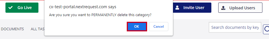 The 'OK' button is selected on the pop-up message that reads 'Are you sure you want to PERMANENTLY delete this category?'