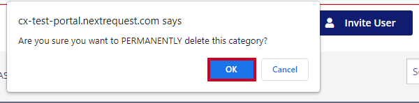 The 'OK' button is selected on the pop-up message that reads 'Are you sure you want to PERMANENTLY delete this category?'