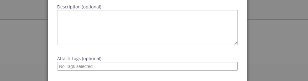 The optional Description and Attach Tags fields are highlighted on the Create Category pop-up window. No tags are selected.