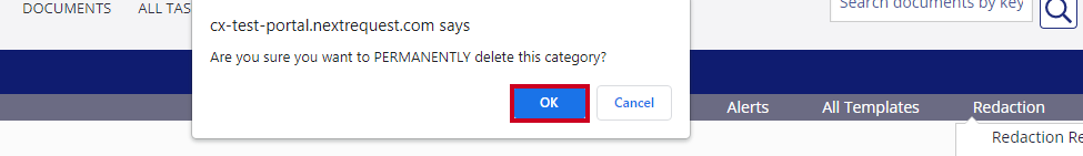 The blue, OK button is selected on a pop-up window to confirm permanent deletion.