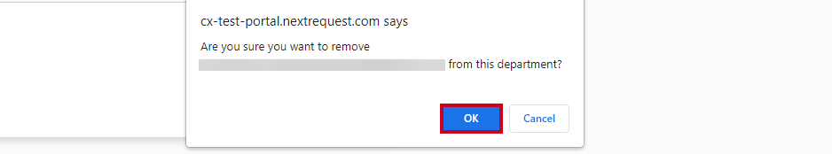 The 'OK' button is highlighted in the pop-up message window that reads, 'Are you sure you want to remove (user name) from this department?'.
