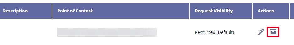 The Archive button (a file cabinet icon) is highlighted next to the Edit Department button in the Department table's Actions colum.