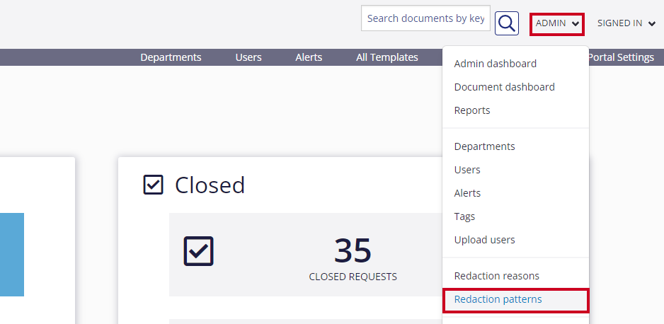 admin header - redaction patterns selected in dropdown
