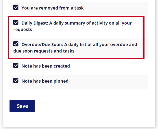 The summary notifications 'Daily Digest' and 'Overdue/Due Soon' are selected in the email preferences.