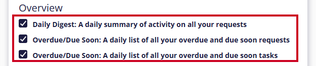 The summary notifications 'Daily Digest' and 'Overdue/Due Soon' are selected in the email preferences.