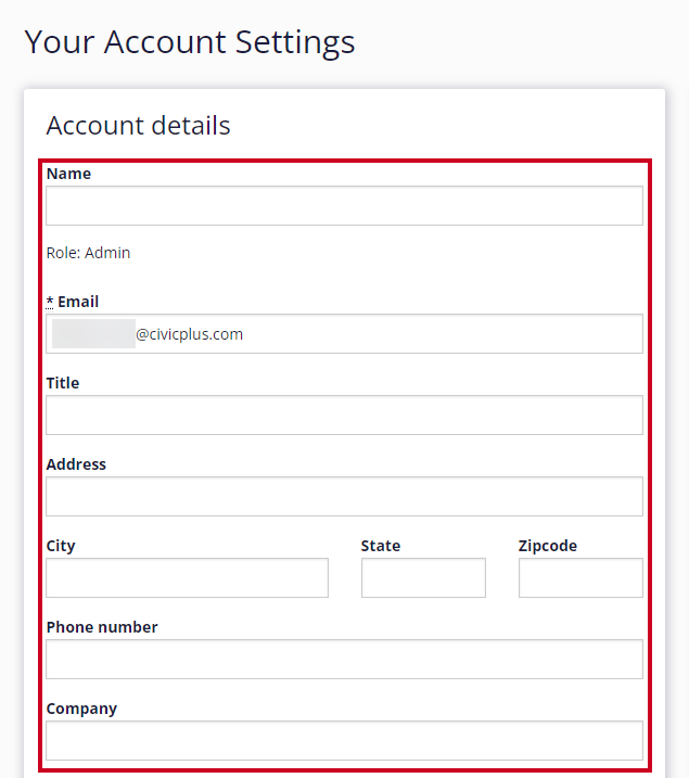 The Signed In user's account detail fields are highlighted on the 'Your Account Settings' page. Only the user's email address is entered.