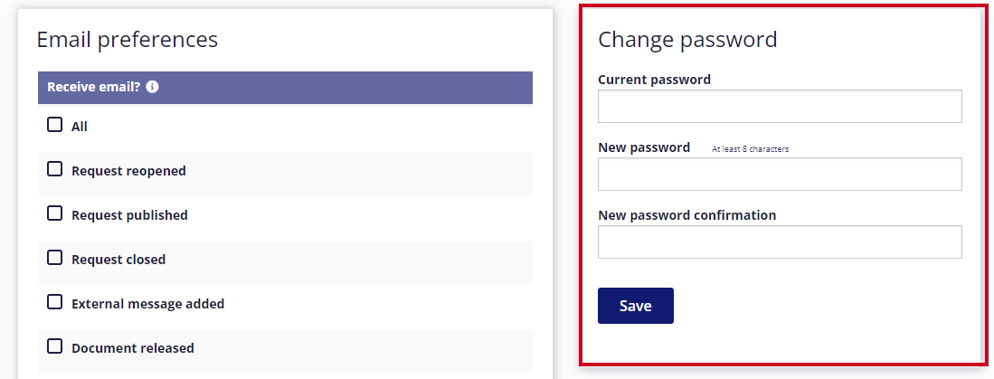 The Change Password section is highlighted in the right-hand side of the 'Your Account Settings' page.