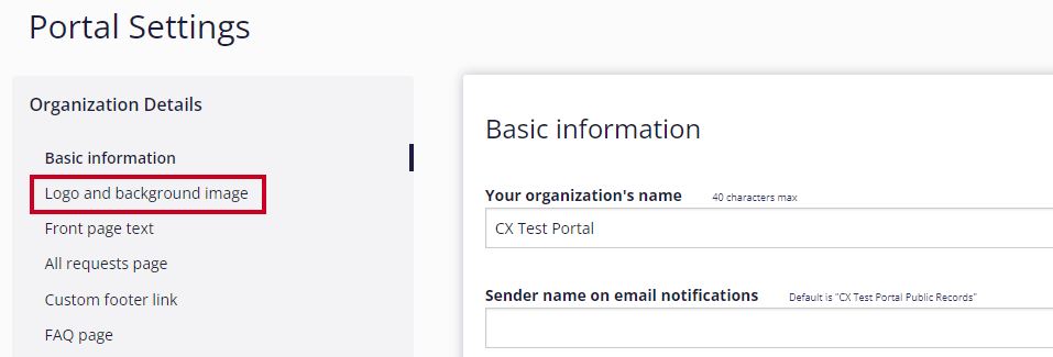 The 'Logo and Background Image' option is highlighted in the left-hand navigation menu under the 'Organization Details' heading.