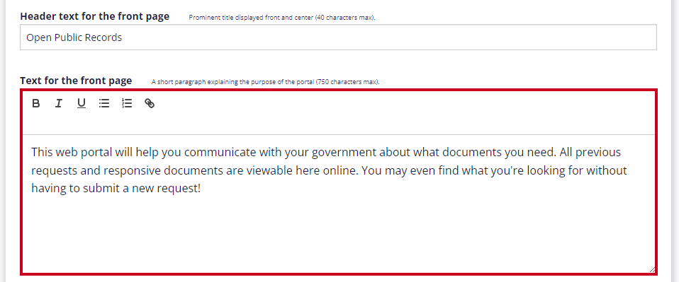 The text editor for the Front Page's text is highlighted. An overview of the portal's purpose is filled in.