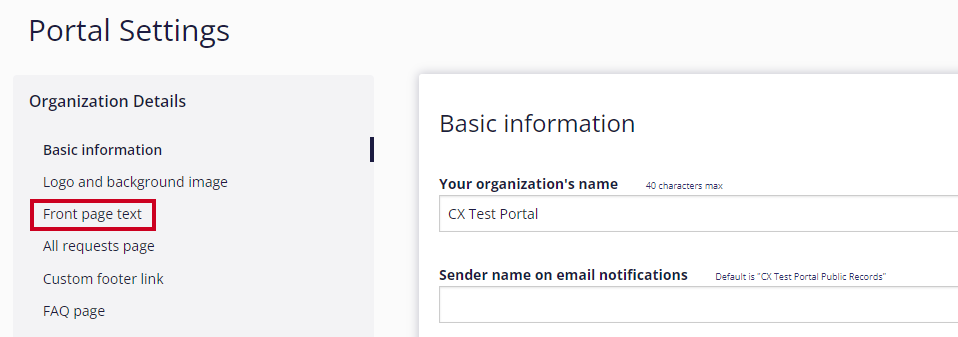 The 'Front Page Text' option is highlighted in the left-hand navigation menu under the 'Organization Details' heading.
