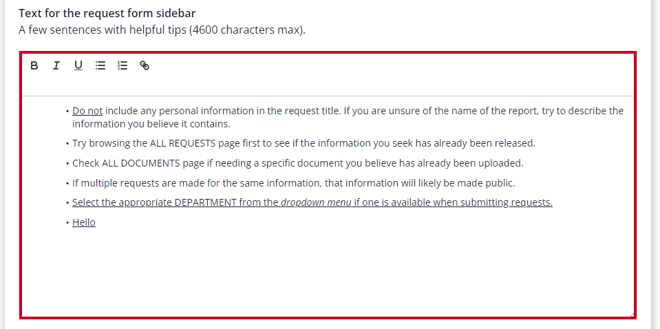 The Sidebar's text editor is highlighted and contains helpful tips for requesters.