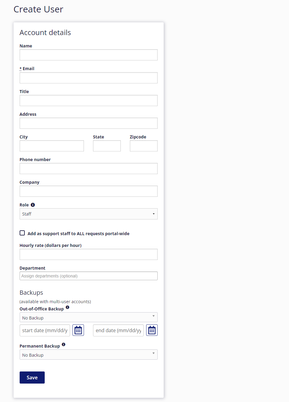 Account details fields.