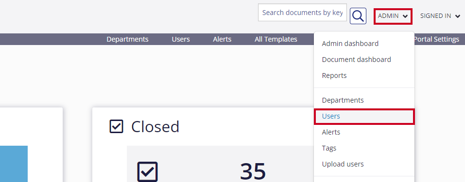 The Admin drop-down menu is highlighted in the upper-right corner of the portal's dashboard, next to the search bar and Users is selected from the drop-down.