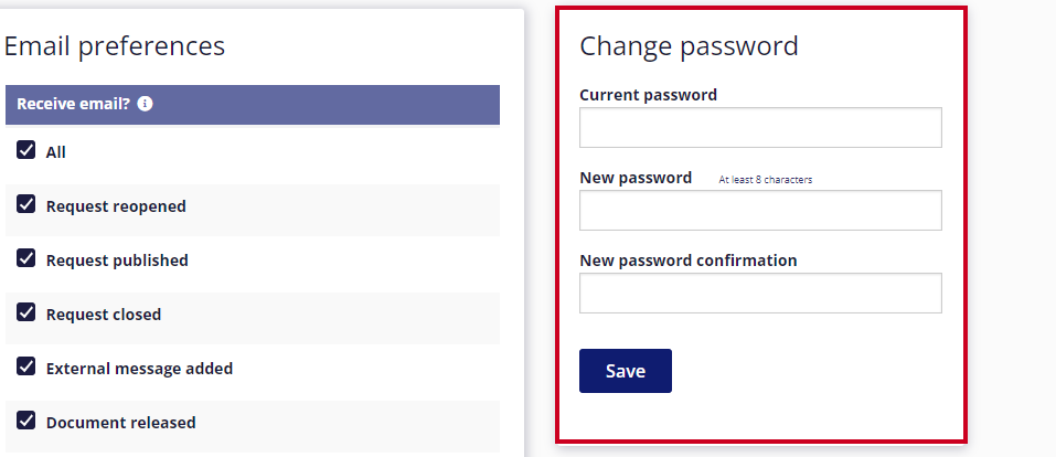 change password and confirm password fields in top right corner of screen.