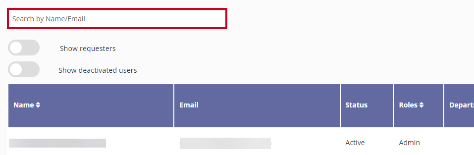search by name/email box in top right above users list.