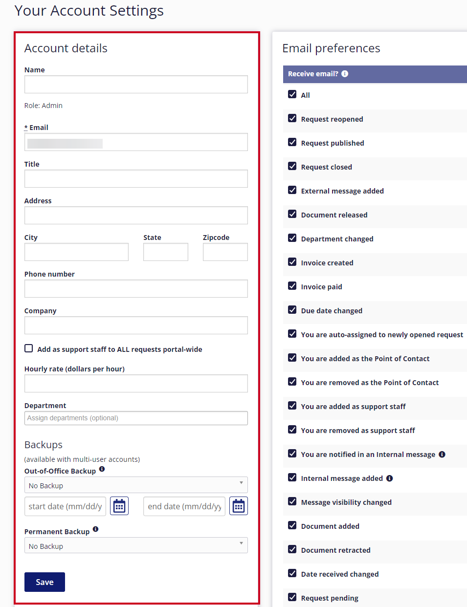 account details fields