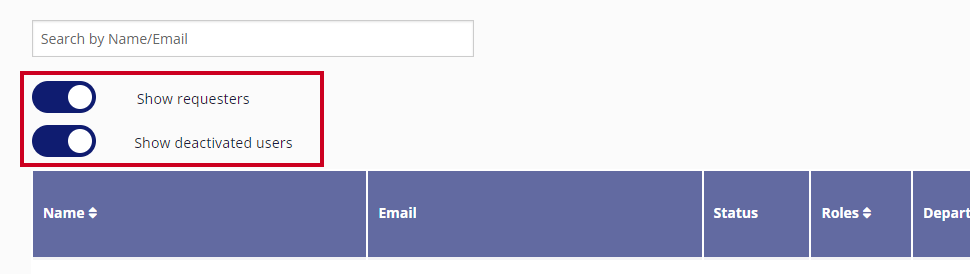 show requestors and deactivated users toggles under search bar of Users screen.