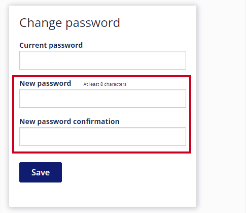 The New Password and New Password confirmation fields are highlighted.