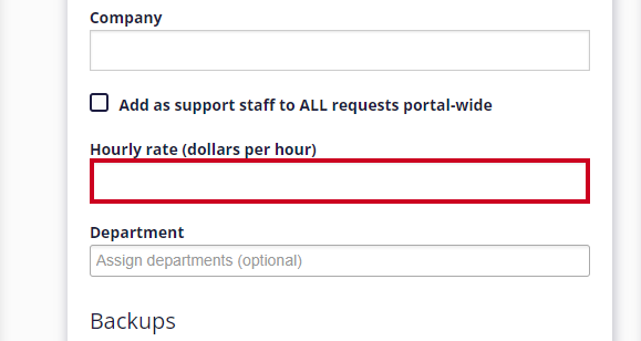 The Hourly Rate field is highlighted above the Backup options in the Account Settings section.