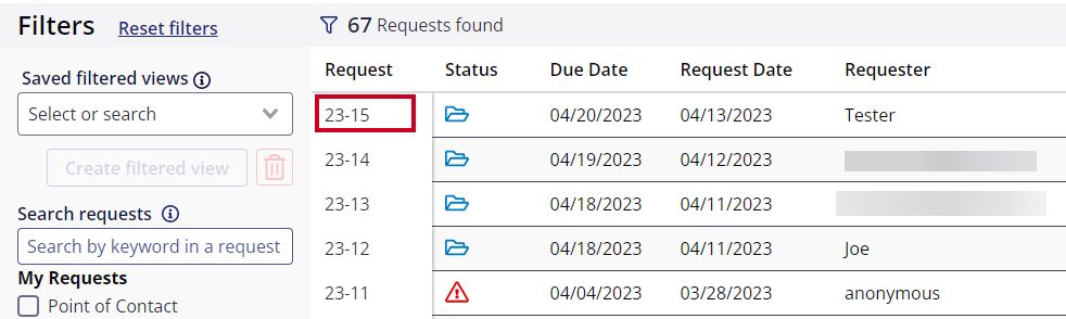 In the Request column of the All Requests table, the request number '23-15' is selected.