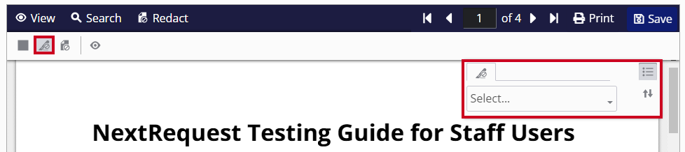 The Text Selection Redaction option, represented by a pencil and claxon icon, is selected in the upper-left hand corner of the document. A pop-up panel appears on the right-hand side of the document with a search bar to find specific text.