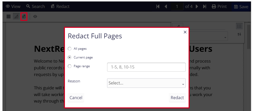 The Redact Full Pages option, represented by a piece of paper and claxon icon, is selected in the upper-left hand corner of the document. A pop-up window appears in the center of the document with 3 options to select for redacting pages. The options are All Pages, Current Page, and Page Range.