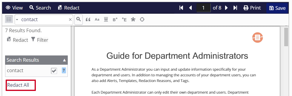 The Redact All button is highlighted below the list of the search results.