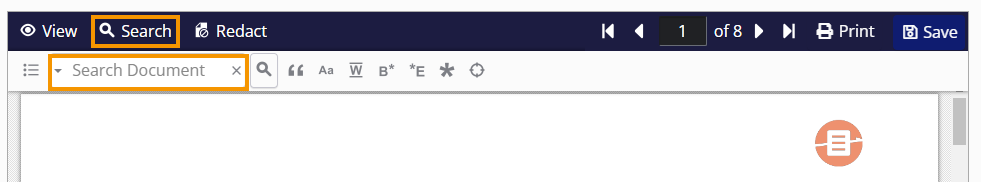The Search button and Search Document field are highlighted in the upper-left corner of the document.