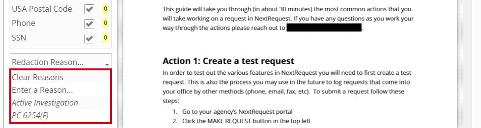 A list of Redaction Reasons are highlighted below the list of select redaction terms.