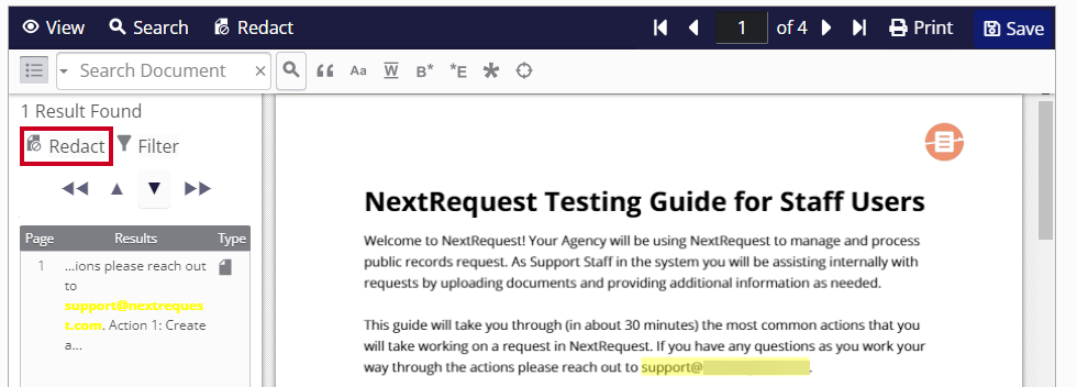 In the left-hand Search results panel, the Redact button is highlighted below the number of results found. The Redact button is indicated by a piece of paper with a claxon.