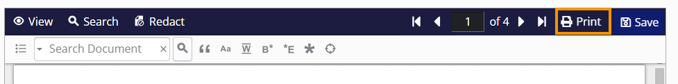 The Print button, represented by a printer icon, is highlighted in the upper-right corner of the document header.