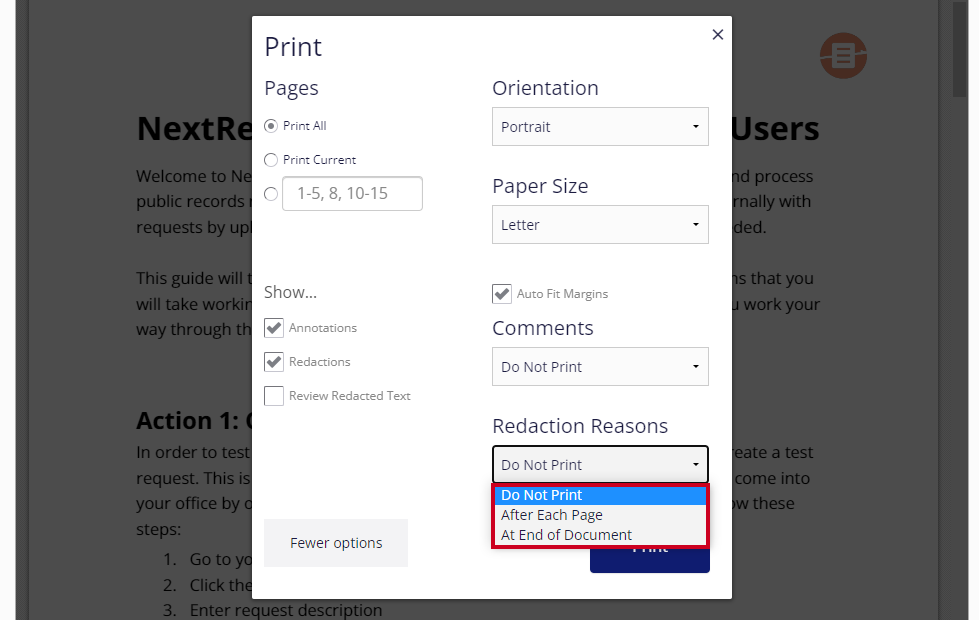 The Redaction Reasons drop-down menu is highlighted in the lower-right corner of the Print pop-up window. The options presented are 'Do Not Print', 'After Each Page', and 'At End of Document'.