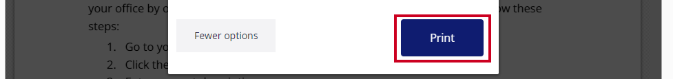 The rectangular, blue Print button is selected in the lower-right corner of the Print pop-up window.