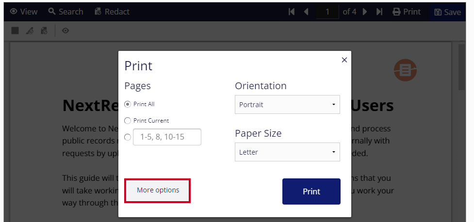 The more options button is highlighted in the lower-left corner of the Print pop-up window.