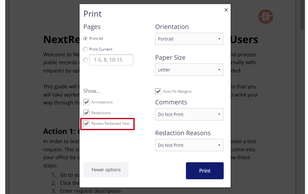 The 'Review Redacted Text' is selected under the 'Show...' sub-header on the Print pop-up window.