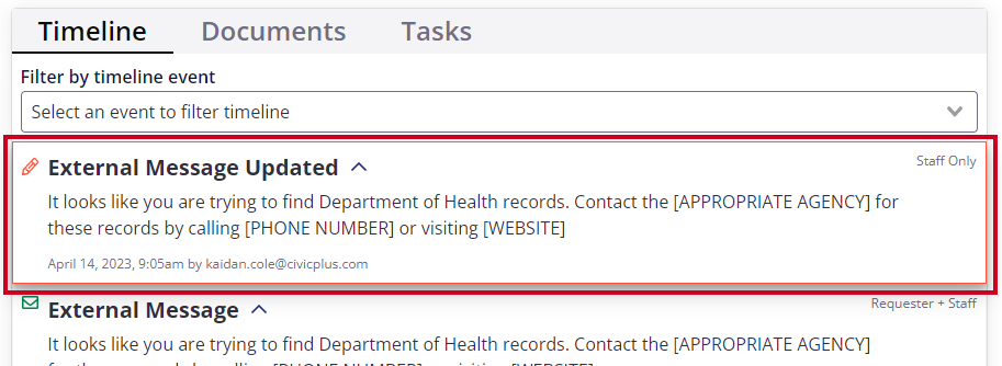 Updated external message.