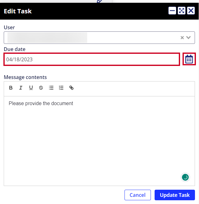 update due date field and calendar button.