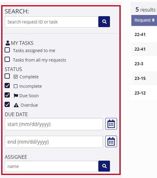 task search filters.