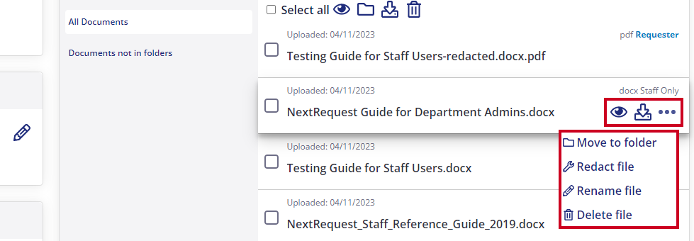 When hovering over the document card, a dropdown of available actions appears.